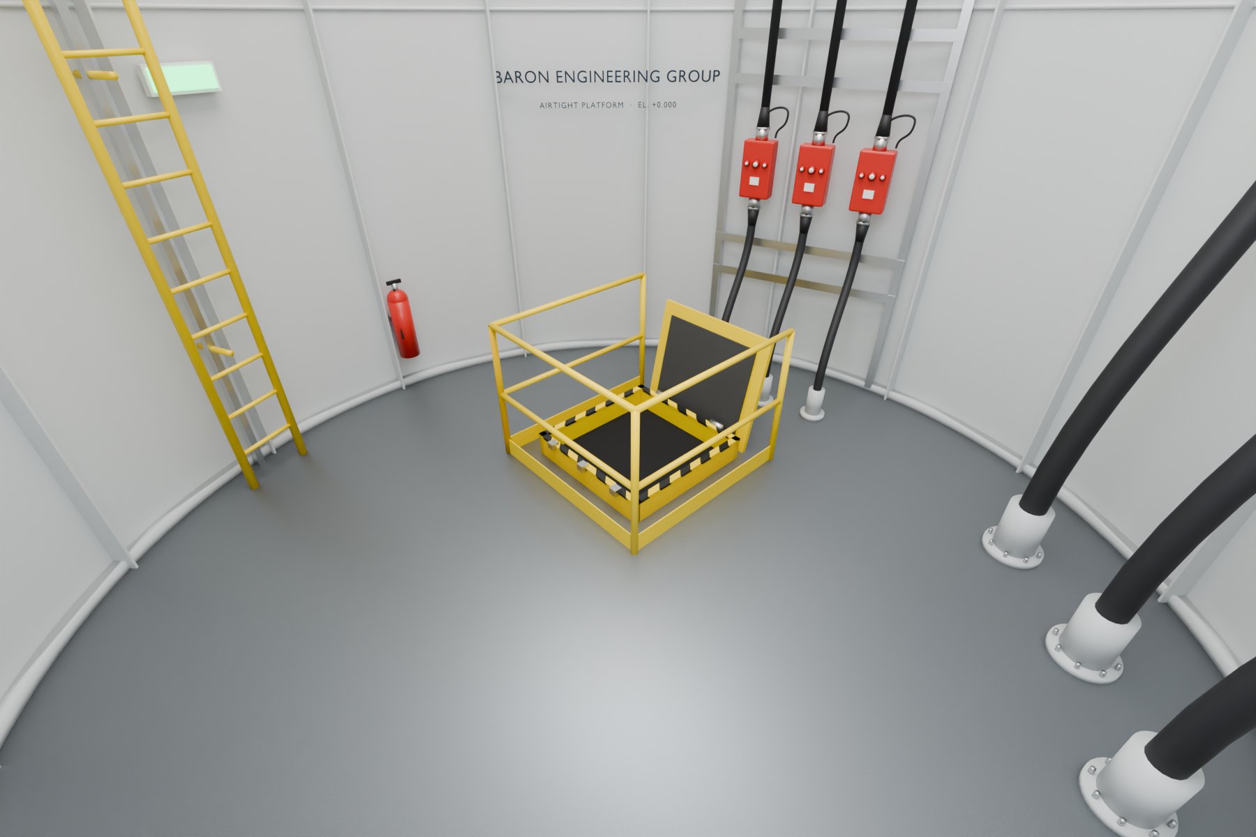 3D model render of a transition piece interior with airtight platform, hatch, railing, ladder and cable penetrations