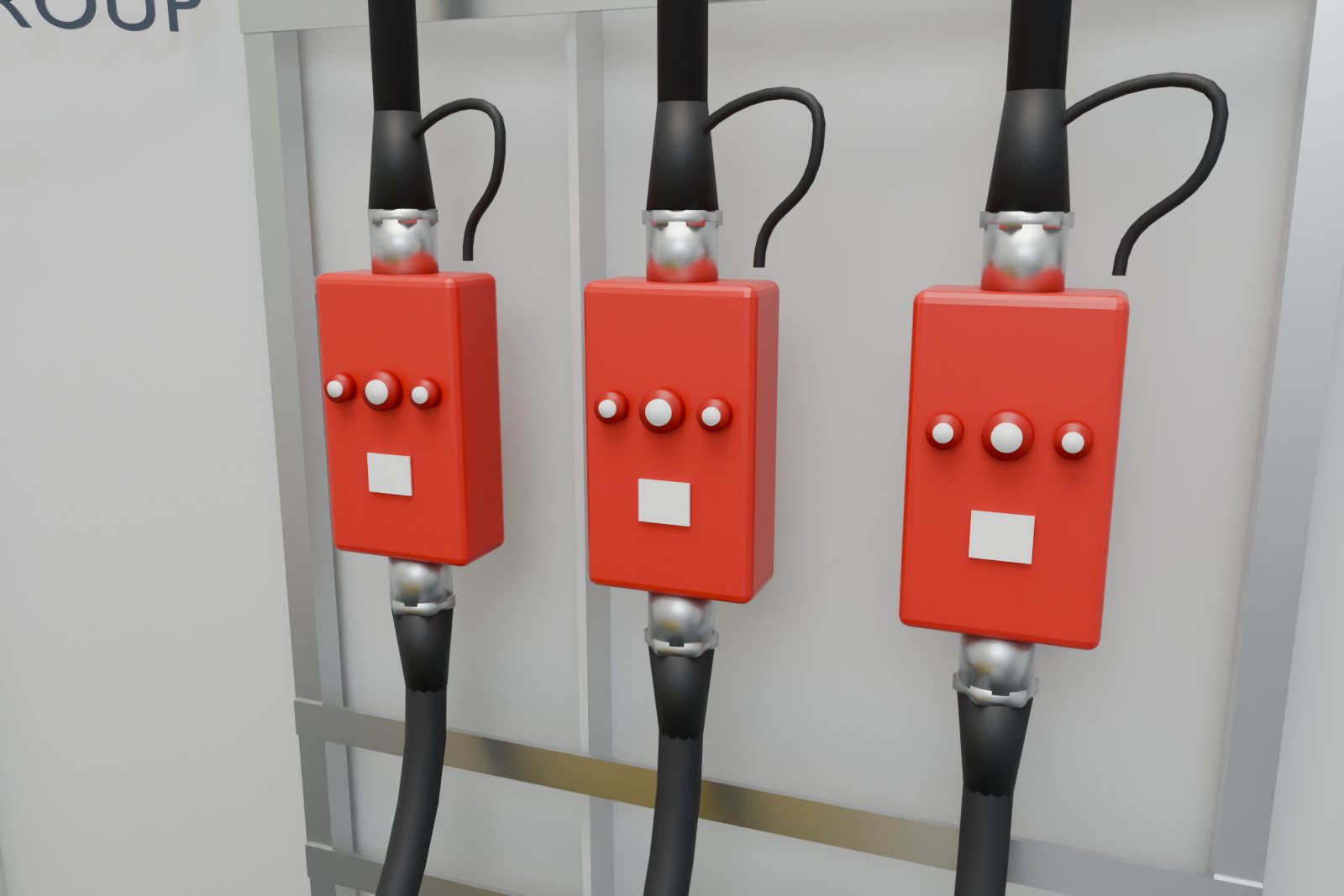 Close-up 3D render of red cable junction boxes on a galvanised cable rack inside the transition piece